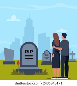 Sad man and woman dressed in mourning clothes standing near grave with tombstone. Grieving people or relatives on graveyard or cemetery. Vector illustration