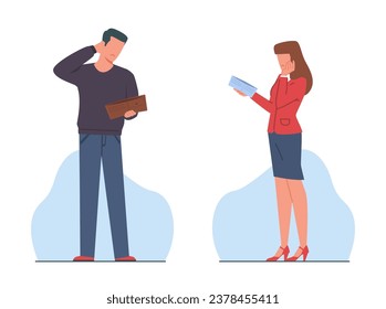 Sad man and woman with empty wallets. Family financial problems. Economical crisis. Bankruptcy people. Poor unemployment person. Money spending cartoon flat style isolated vector concept