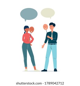 Sad man and woman holding emotion masks with smiling face hiding depression. Cartoon people with speech bubble faking happiness - flat isolated vector illustration