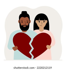 A sad man and woman are holding pieces of a broken red heart in their hands. Vector flat illustration of a broken heart.