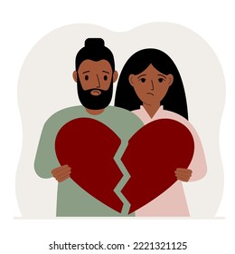 A sad man and woman are holding pieces of a broken red heart in their hands. Vector flat illustration of a broken heart.
