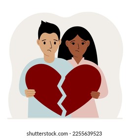 A sad man and woman are holding pieces of a broken red heart in their hands. Vector flat illustration of a broken heart.