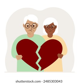 A sad man and woman are holding pieces of a broken red heart in their hands. Vector flat illustration of a broken heart.