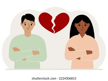 Sad man and woman next to a broken red heart. Broken heart. Vector flat illustration.