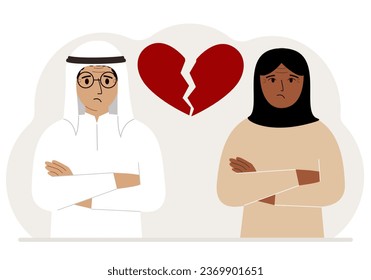 Sad man and woman next to a broken red heart. Broken heart
