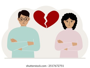 Sad man and woman next to a broken red heart. Broken heart