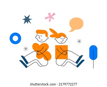 Sad man and woman sit back to back and no speak. Couple on the brink of divorce. Friends quarrel and misunderstand. Relationship break up and family crisis concept. Vector illustration