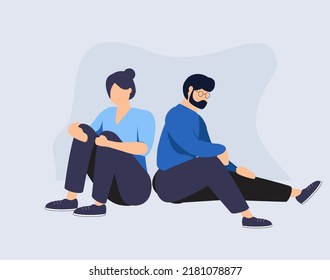 Sad man and woman sit back to back and no speak. Couple on the brink of divorce. Friends quarrel and misunderstand. Relationship break up and family crisis concept. Vector illustration. Family therapy