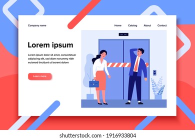 Sad man and woman standing in front of broken elevator. Employee, job, office flat vector illustration. Mechanism and repair concept for banner, website design or landing web page