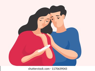 Sad man and woman standing together and looking at pregnancy test showing one line. Infertile couple, fertility problem, trouble conceiving. Colorful vector illustration in flat cartoon style.