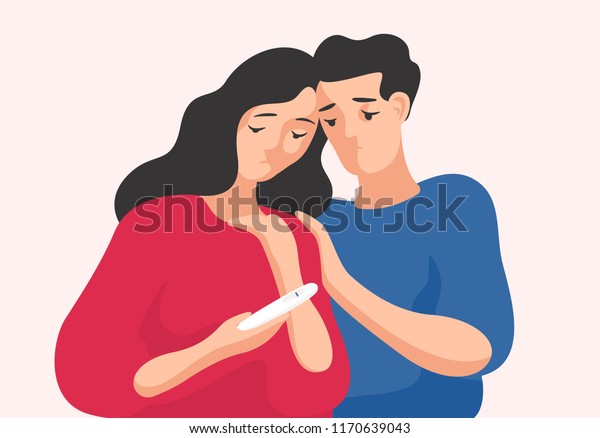 Sad man and woman standing together and looking at\
pregnancy test showing one line. Infertile couple, fertility\
problem, trouble conceiving. Colorful vector illustration in flat\
cartoon style.