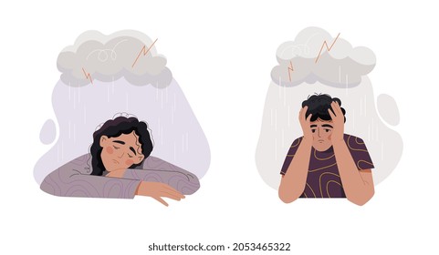 Sad man and woman under rain. Difficult life situation, depression, unhappy. People sit with their hands on their heads, and cloud above them. Flat vector illustration isolated on white background