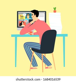 Sad man working from home in pyjamas. Procrastination and time management vector illustration for your design.