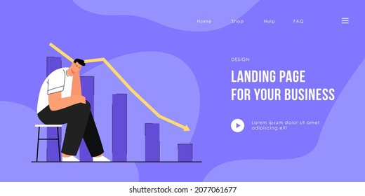 Sad man worrying about financial crisis. Flat vector illustration. Disappointed businessman sitting in background of falling, degrading graph. Bankruptcy, financial crisis, loss concept for design
