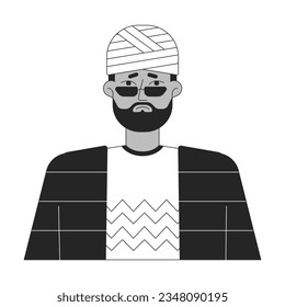 Sad man with wrapped head flat line black white vector character. Editable outline half body of traumed man on white. Healthcare simple cartoon isolated spot illustration for web graphic design