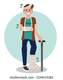 Hombre triste, joven con brazo y pierna quebrados, persona con dolores de cuerpo.