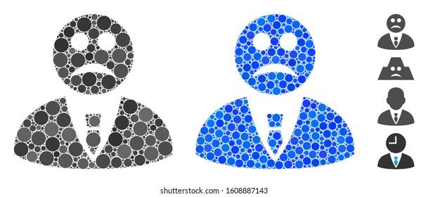 Sad manager mosaic of round dots in various sizes and color hues, based on sad manager icon. Vector round dots are composed into blue collage. Dotted sad manager icon in usual and blue versions.