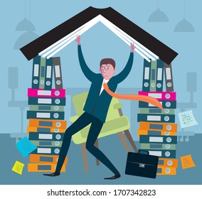 Sad manager in the office littered with documents and work crisis busy stagnation overloaded flat design 