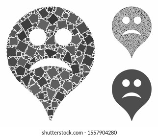 Sad map marker composition of inequal parts in various sizes and color tones, based on sad map marker icon. Vector uneven parts are organized into collage.