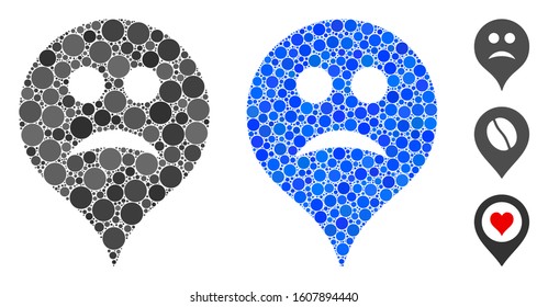 Sad map marker mosaic of filled circles in variable sizes and color tints, based on sad map marker icon. Vector filled circles are combined into blue mosaic.