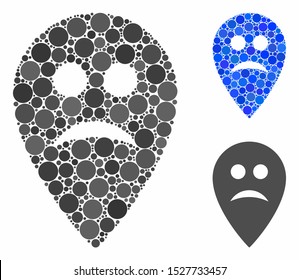 Sad map marker mosaic of small circles in different sizes and color tinges, based on sad map marker icon. Vector small circles are combined into blue illustration.