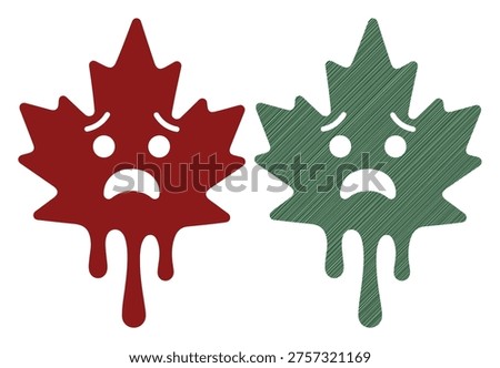 Sad maple leaf character, melting autumn foliage, crying nature icon, environmental grief