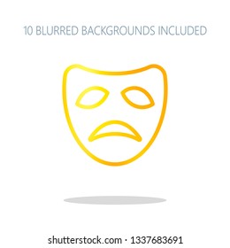 Sad mask of theatre, face with tragedy emotion, sign of drama. Linear outline icon. Colorful logo concept with simple shadow on white. 10 different blurred backgrounds included