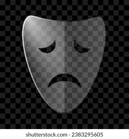 Sad mask. Tragic theatrical mask with a transparent effect. Transparent masquerade mask. Vector transparent mask