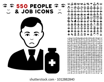 Sad Medical Pharmacist pictograph with 550 bonus pity and happy people pictograms. Vector illustration style is flat black iconic symbols.