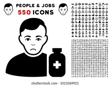 Sad Medical Pharmacist pictograph with 550 bonus pitiful and happy jobs pictograms. Vector illustration style is flat black iconic symbols.