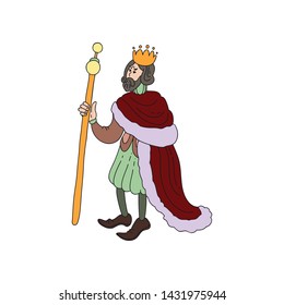 Sad medieval king with gold crown and red clothes