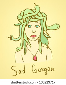 Sad Medusa Gorgon in love, portrait with snake hair