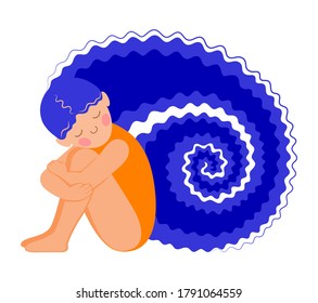 Sad, melancholic, lonely girl. Pensive unhappy woman sits and hugs her knees. The concept of avoiding stressful people. A person withdraws into himself as in a shell. Illustration in a flat style.