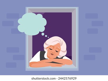 
Sad Melancholic Woman Thinking by the Window Vector illustration. Unhappy grandma overthinking her problems due to anxiety syndrome 
