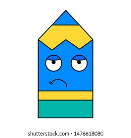 Sad melancholy pencil emoticon. Disappointed, unhappy, depressed emoji. Social media cartoon sticker