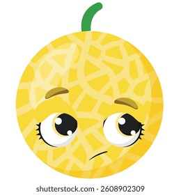 Sad melon character with expressive eyes and curved mouth, ideal for childrens designs, emotional stickers, or fruit-themed content