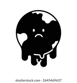 Sad Melting Earth Glyph Icon. Climate Anxiety Symbol. Global Warming Solid Style. Environmental Crisis Silhouette Planet.