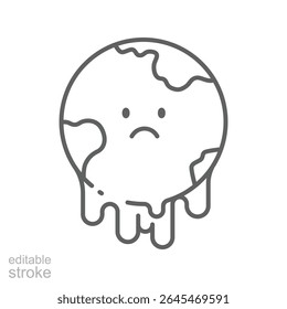 Sad Melting Earth Icon. Climate Anxiety Outline. Editable Stroke Planet. Global Warming Symbol. Environmental Crisis Concept. Climate Change Illustration.