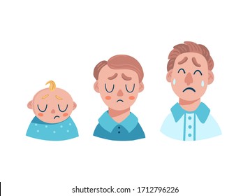 Sad men's emotions. Newborn, teenager, adult. Tears and longing. Flat vector illustration