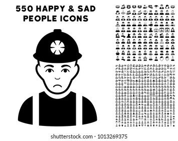 Sad Miner Icon With 550 Bonus Pitiful And Happy Jobs Icons. Vector Illustration Style Is Flat Black Iconic Symbols.