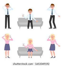 Sad, miserable, surprised, amazed, angry, shouting office man and woman vector illustration. Standing, talking on phone, sitting on sofa, screaming boy and girl cartoon character set