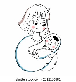 Sad mom holds crying baby in her arms. Mother and infant. Vector doodle illustration.