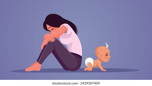 
Sad Mom Suffering from Postnatal Depression Ignores Baby Vector Illustration. Mother feeling overwhelmed and tired from postpartum anxiety 
