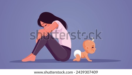 
Sad Mom Suffering from Postnatal Depression Ignores Baby Vector Illustration. Mother feeling overwhelmed and tired from postpartum anxiety 
