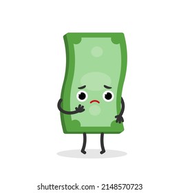 Sad money banknote. Vector flat cartoon character illustration. Isolated on white background