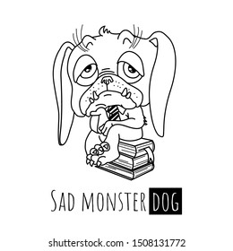 Sad monster dog. Vector illustration. Cute character. Line art. Black and white colors.