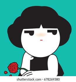 Sad Moody Grumpy Girl With A Red Rotten Rose In Her Hand Concept Card Character illustration