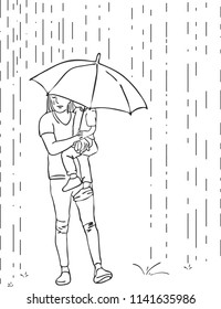 A sad mother is carrying her child walking under the rain with umbrella.