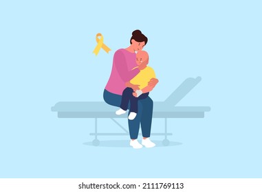 Sad Mother Hugs His Ill Child. Hospital Bed. Chilhood Cancer. Vector