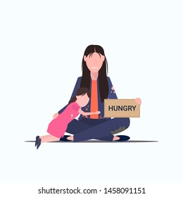 sad mother with little daughter beggar holding sign board with hungry text tramp woman with child begging for help homeless poverty concept flat full length white background